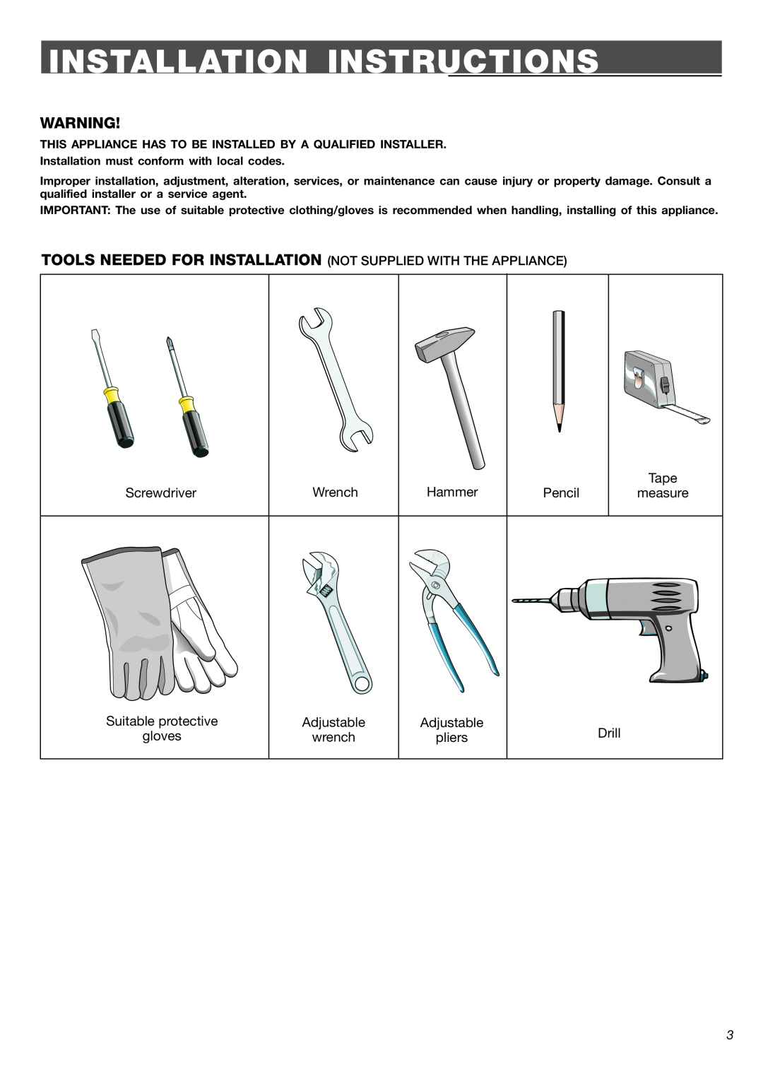 Verona VEFSEE 244 P Installation Instructions, Screwdriver, Wrench, Hammer, Pencil, Tape measure, Adjustable wrench, Drill 
