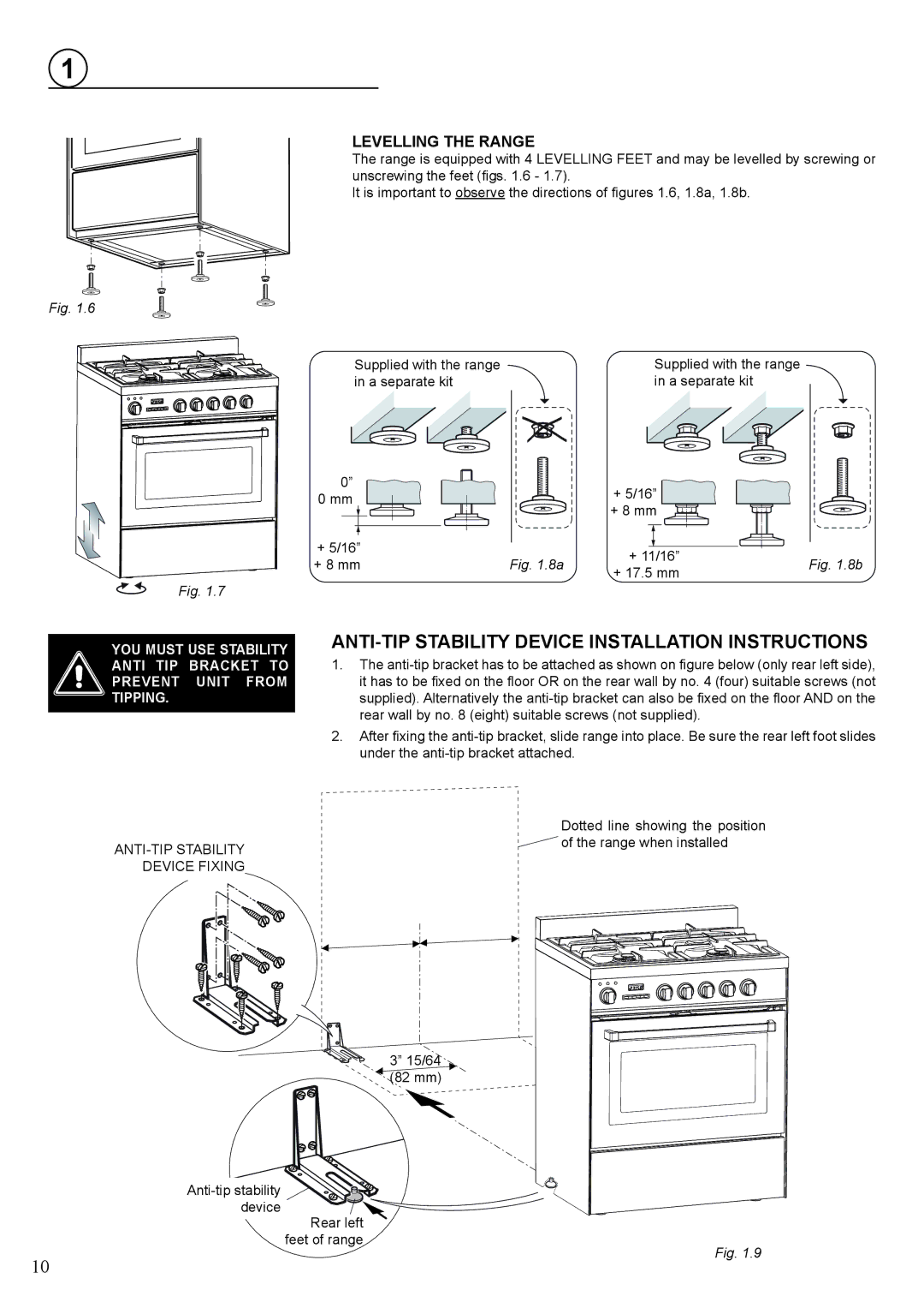 Verona VEFSGE 304 SC manual ANTI-TIP Stability Device Installation Instructions, Levelling the Range 