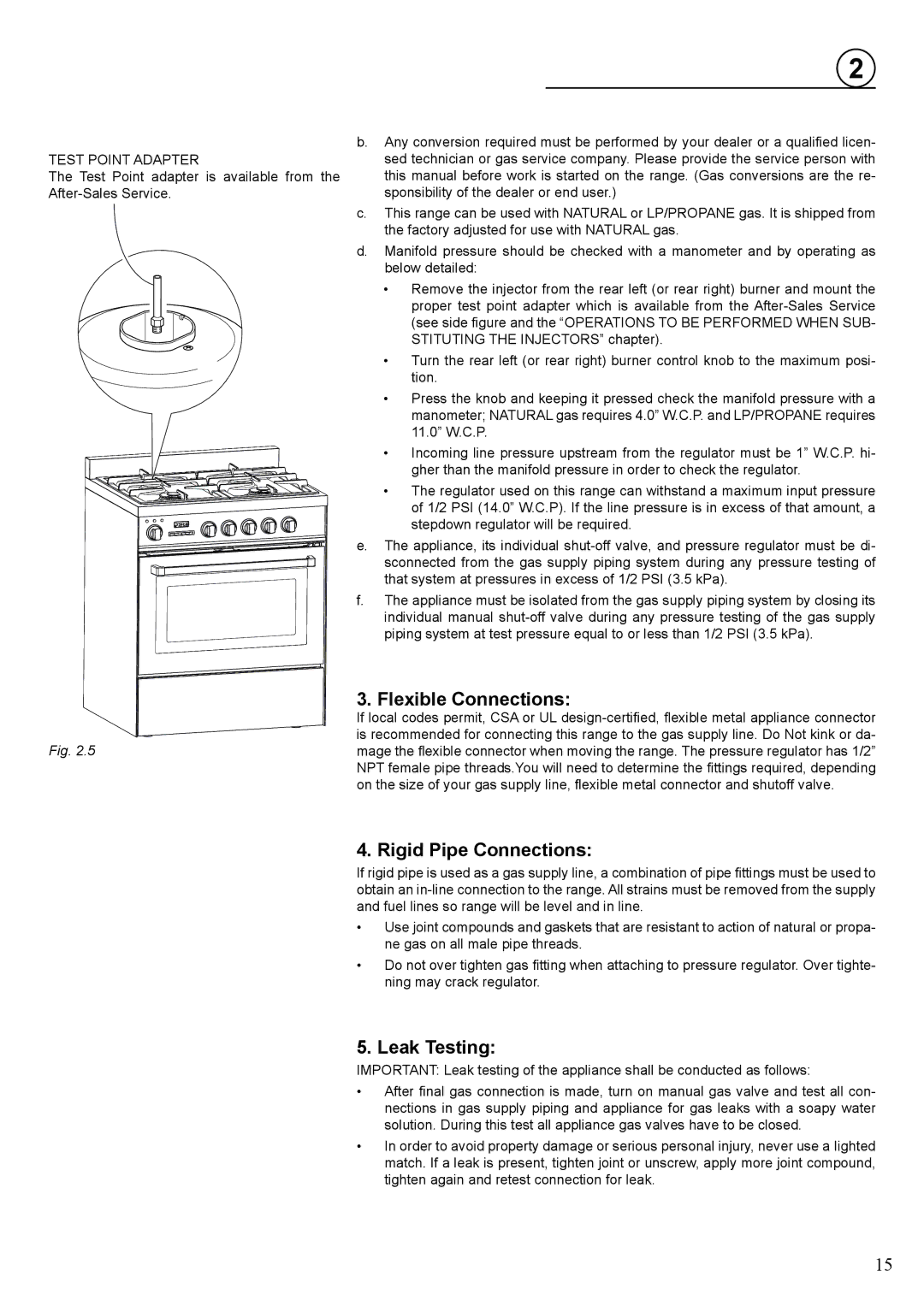 Verona VEFSGE 304 SC manual Flexible Connections, Rigid Pipe Connections, Leak Testing 