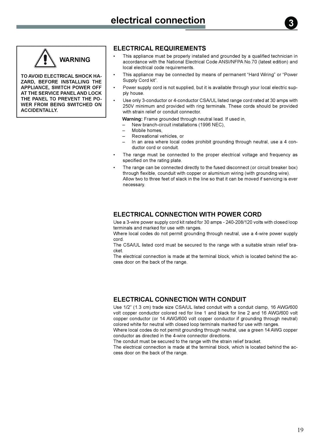 Verona VEFSGE 304 SC Electrical Requirements, Electrical Connection with Power Cord, Electrical Connection with Conduit 