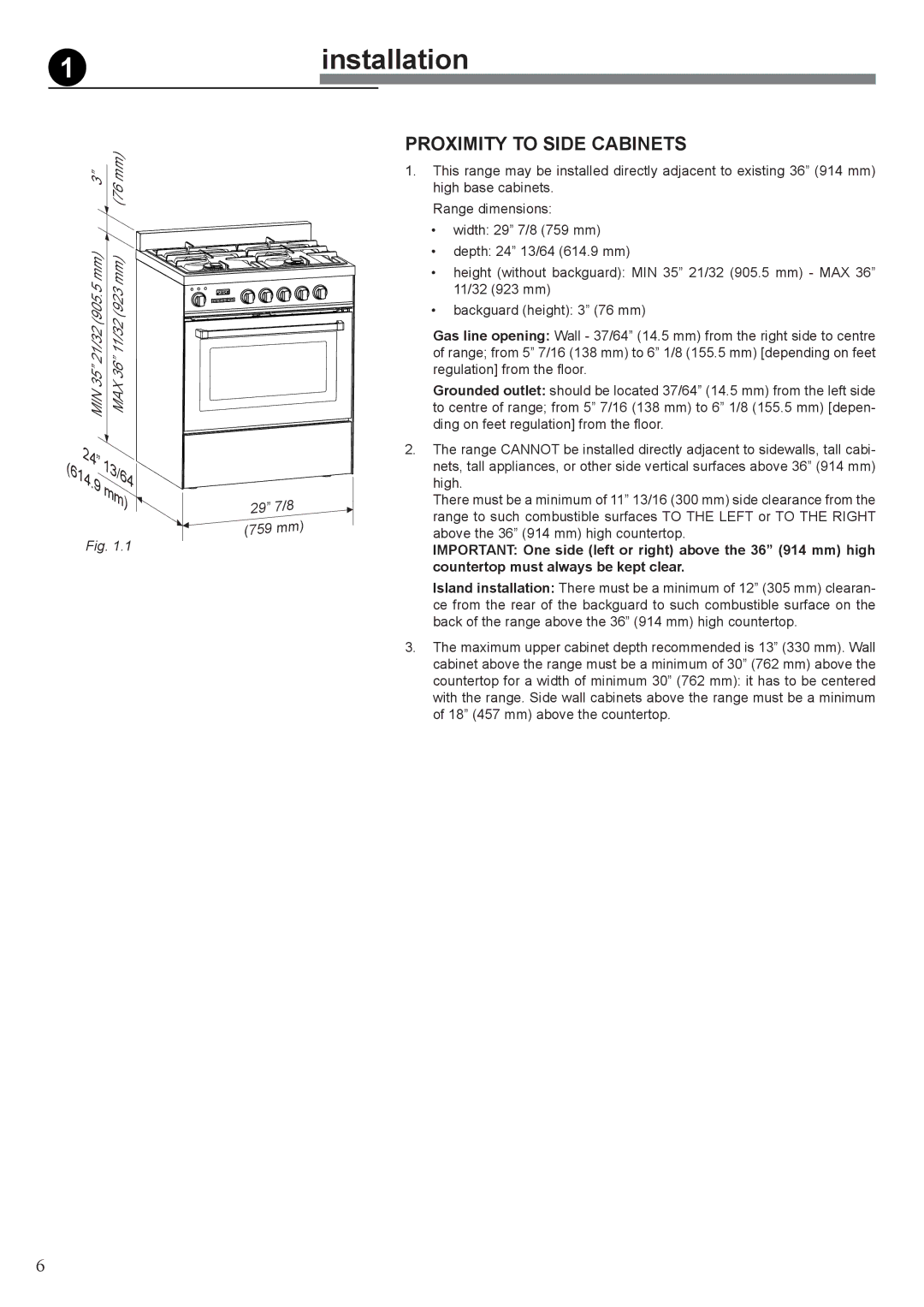 Verona VEFSGE 304 SC manual Installation, Proximity to Side Cabinets 