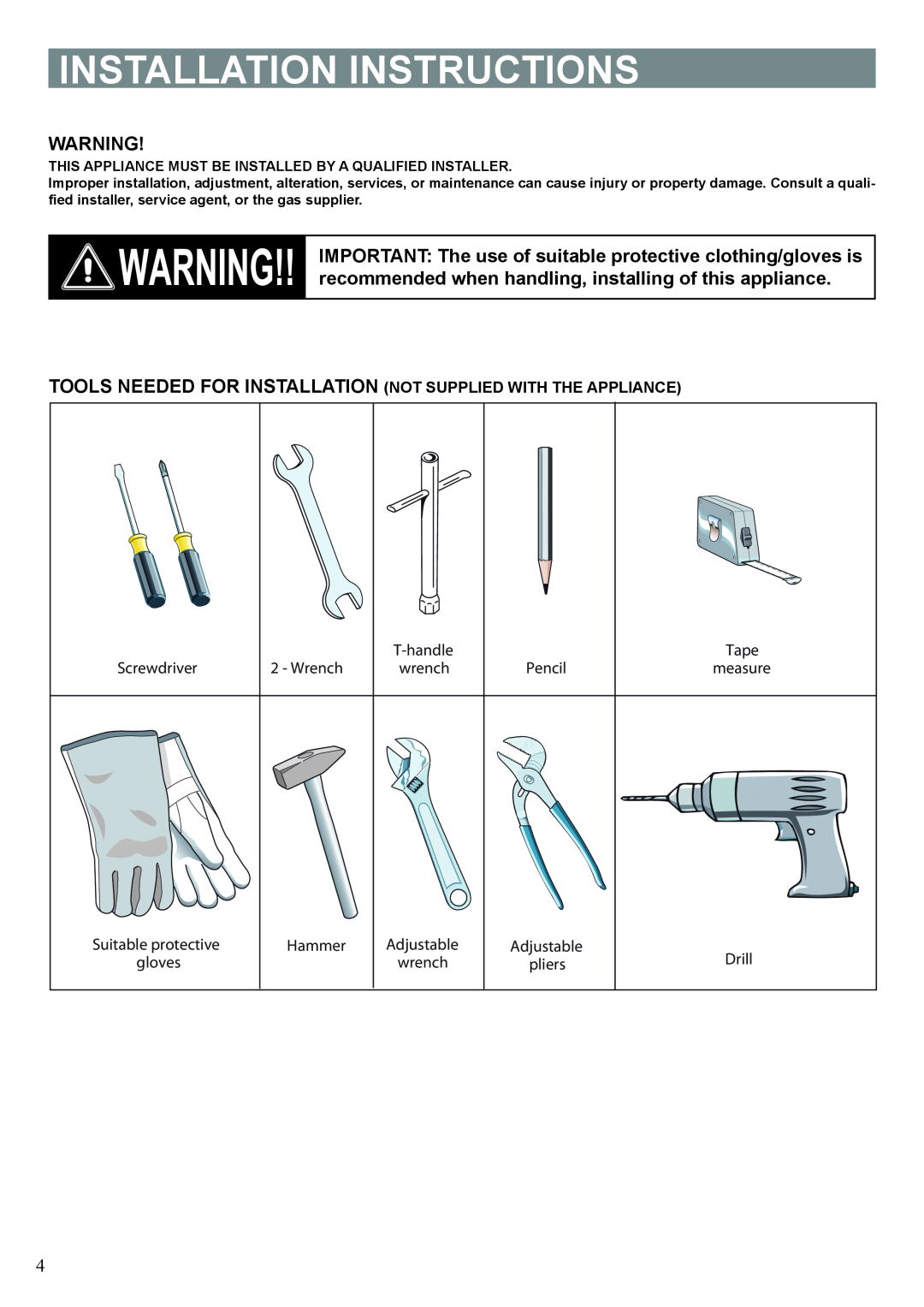Verona VEFSGE 304 SC manual Installation Instructions, Screwdriver, Wrench, Pencil, Tape measure, Hammer, Adjustable pliers 
