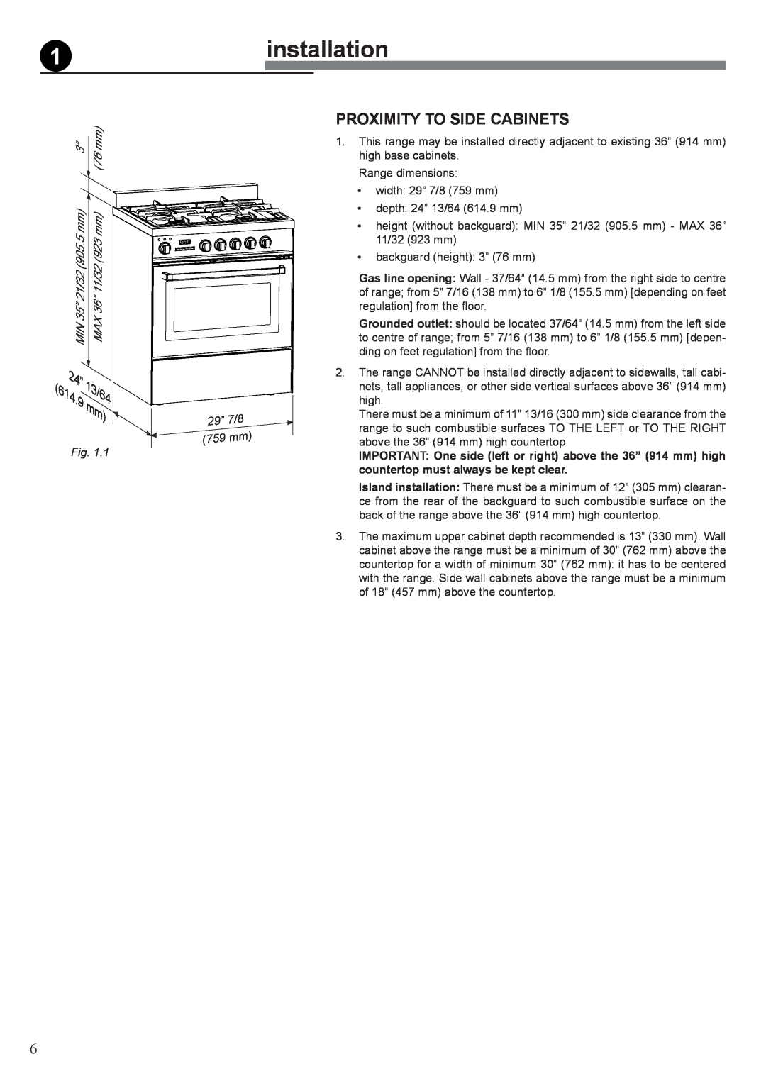 Verona VEFSGE 304 SC manual installation, Proximity To Side Cabinets, 76 mm, MIN 35” 21/32 905.5 mm, MAX 36” 11/32 923 mm 