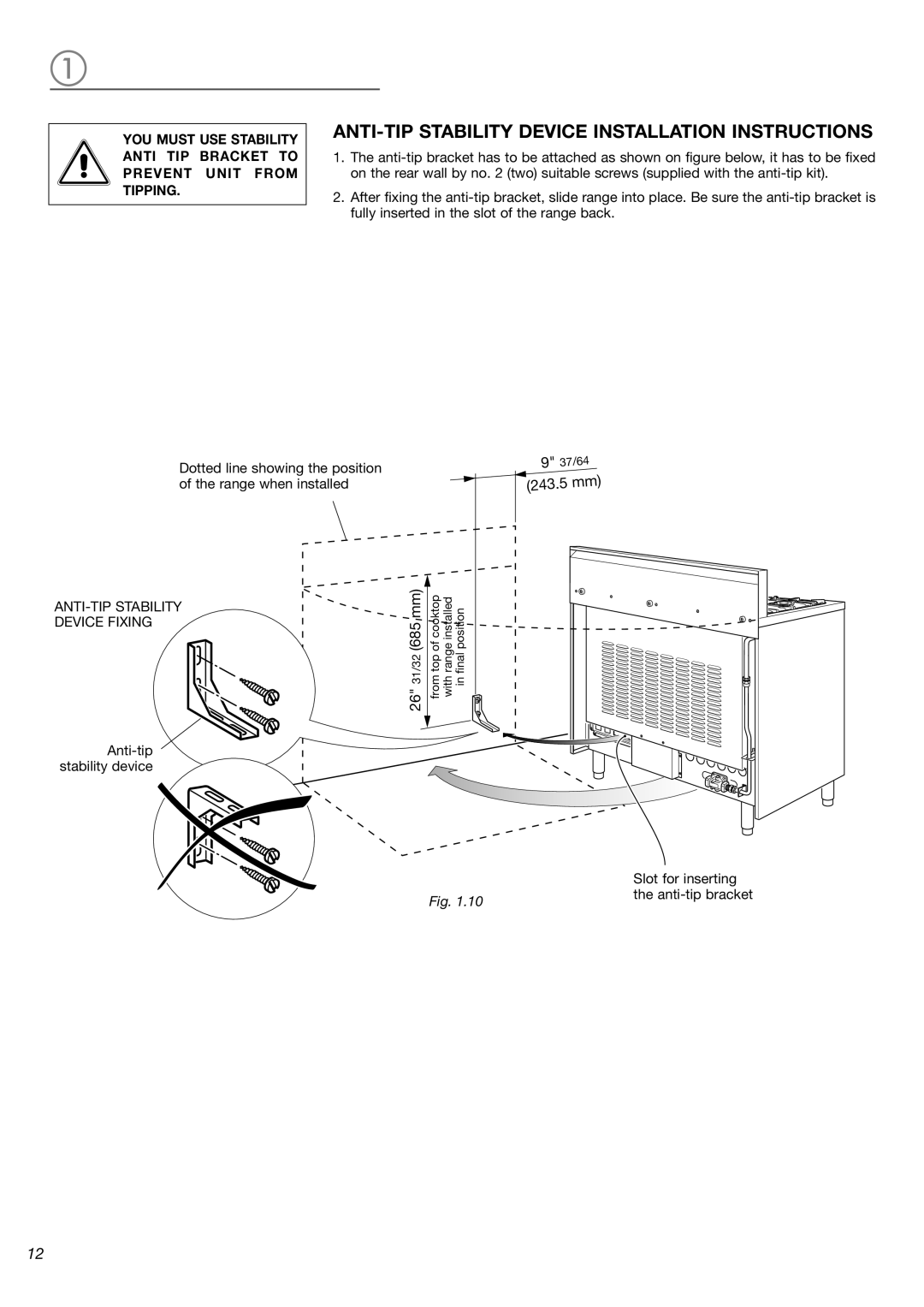 Verona VEFSGE 365 ND manual ANTI-TIP Stability Device Installation Instructions, 2631/32685 mm 