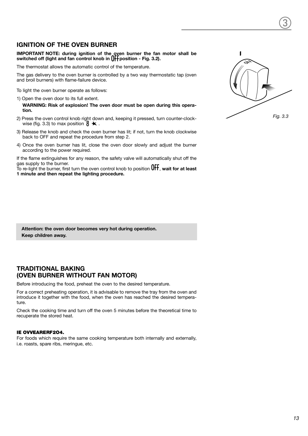 Verona VEFSGG 244 warranty Ignition of the Oven Burner, Traditional Baking Oven Burner Without FAN Motor 