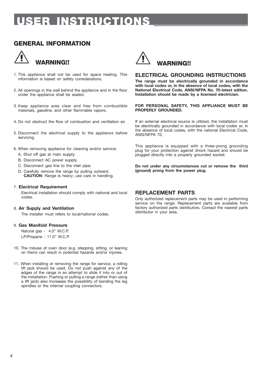 Verona VEFSGG 244 warranty Electrical Grounding Instructions, Replacement Parts 