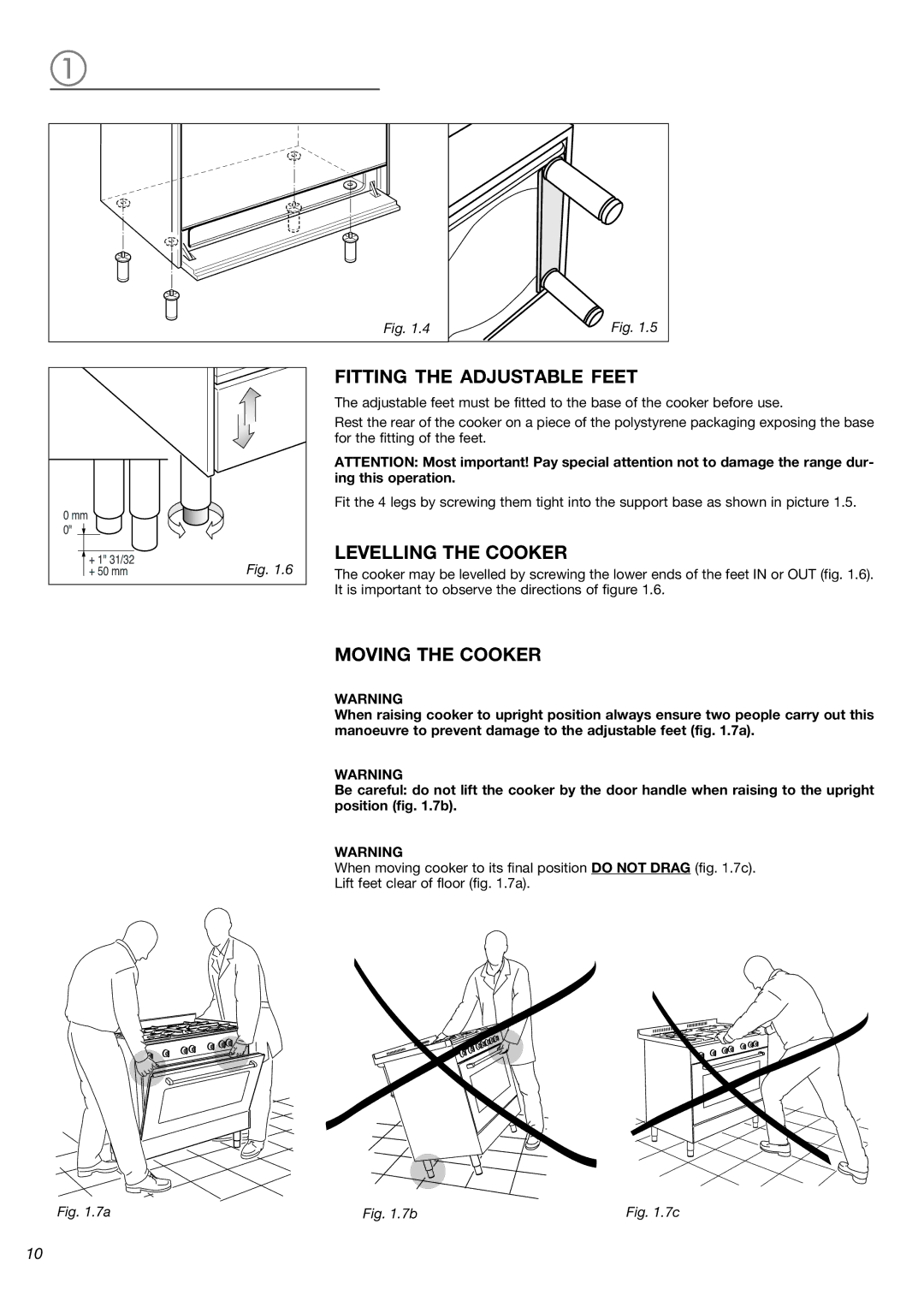 Verona VEFSGG 365 N warranty Fitting the Adjustable Feet, Levelling the Cooker, Moving the Cooker 