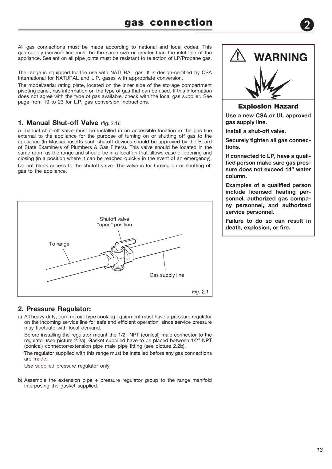 Verona VEFSGG 365 N warranty Manual Shut-off Valve .1, Pressure Regulator, Explosion Hazard 