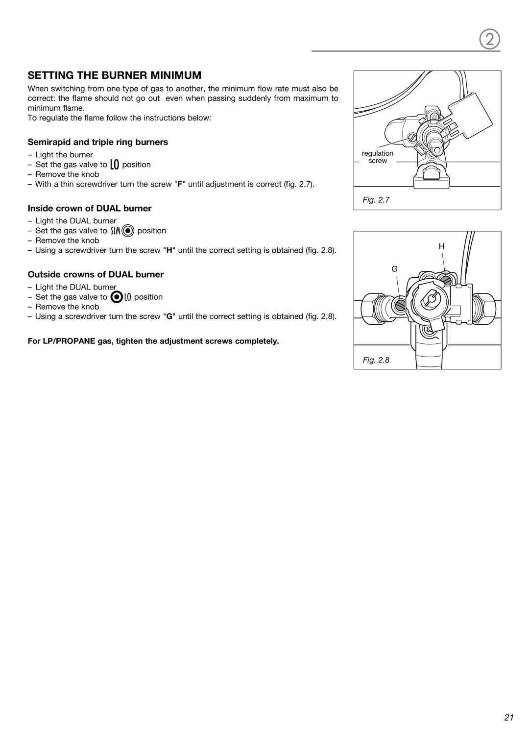 Verona VEFSGG 365 N warranty Setting the Burner Minimum, Semirapid and triple ring burners 