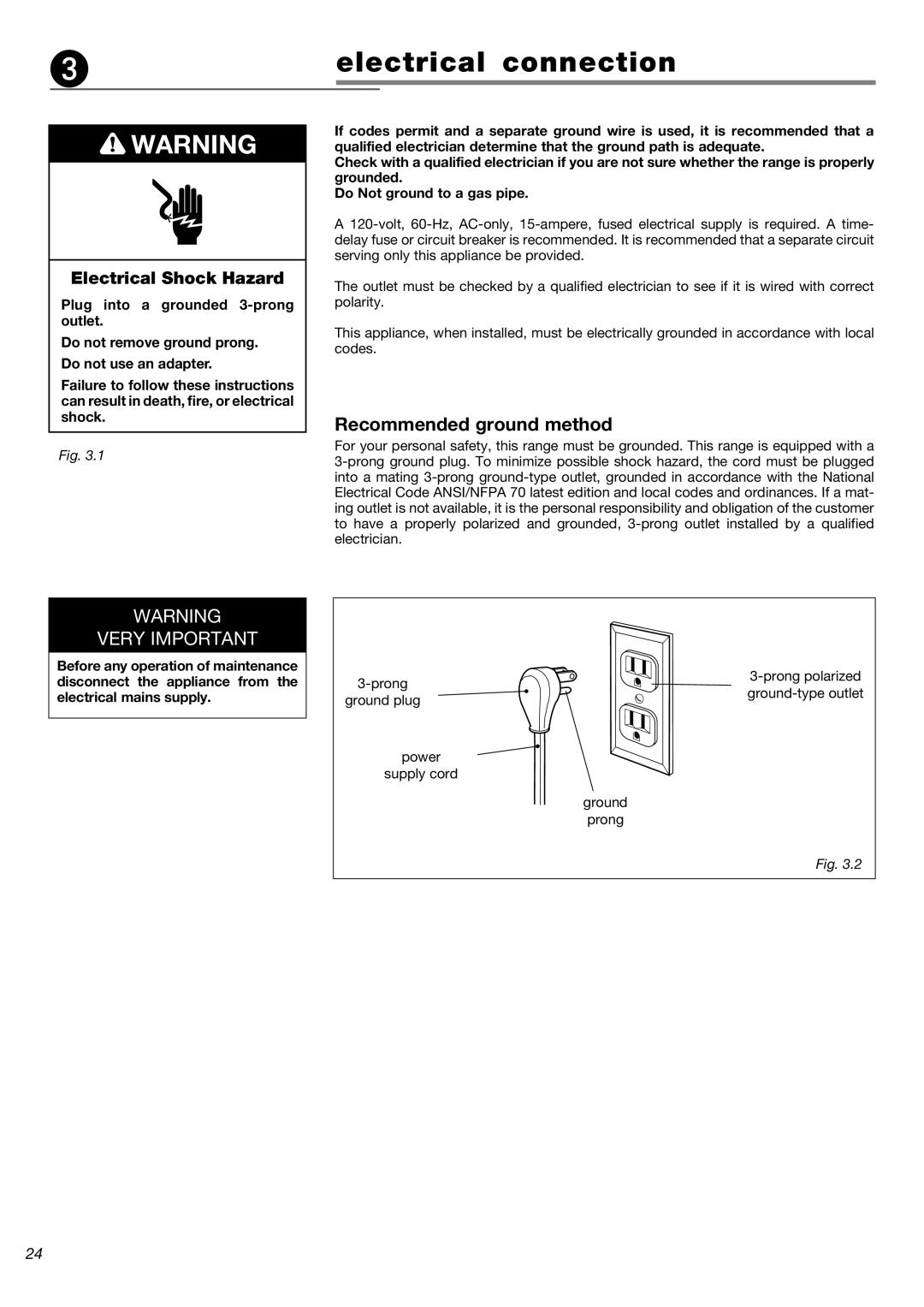 Verona VEFSGG 365 N warranty Electrical connection, Recommended ground method 