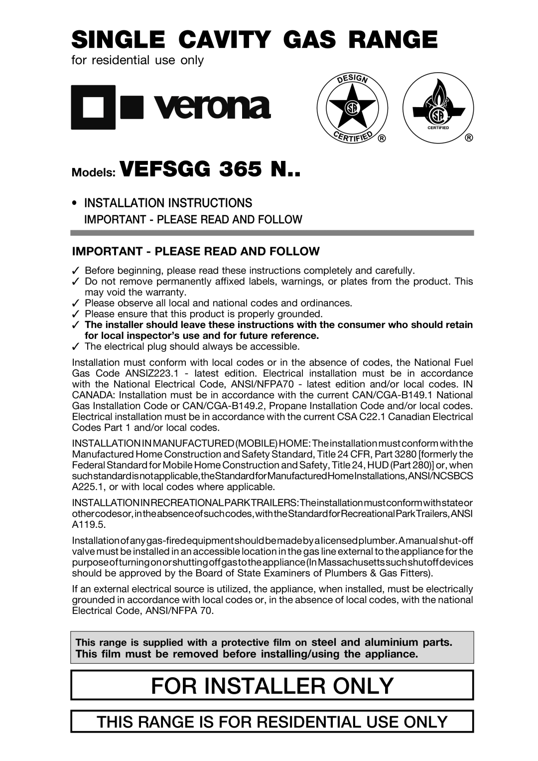 Verona VEFSGG 365 N warranty for residential use only, Installation Instructions, Important - Please Read And Follow 