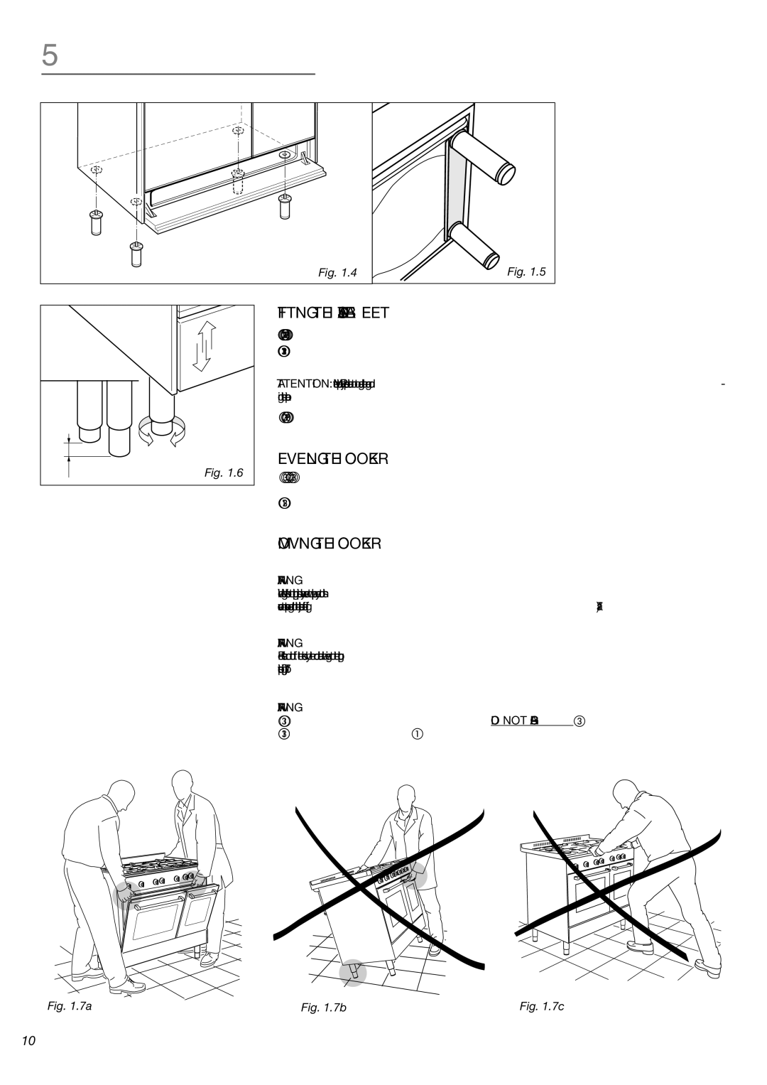 Verona VEFSGG 365 ND warranty Fitting the Adjustable Feet, Levelling the Cooker, Moving the Cooker 