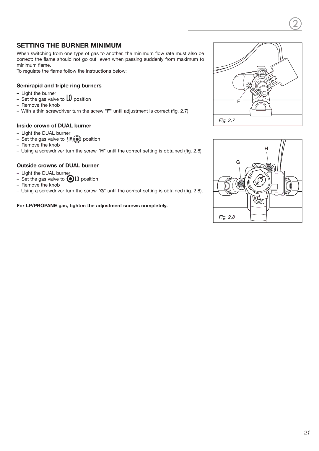 Verona VEFSGG 365 ND warranty Setting the Burner Minimum, Semirapid and triple ring burners 