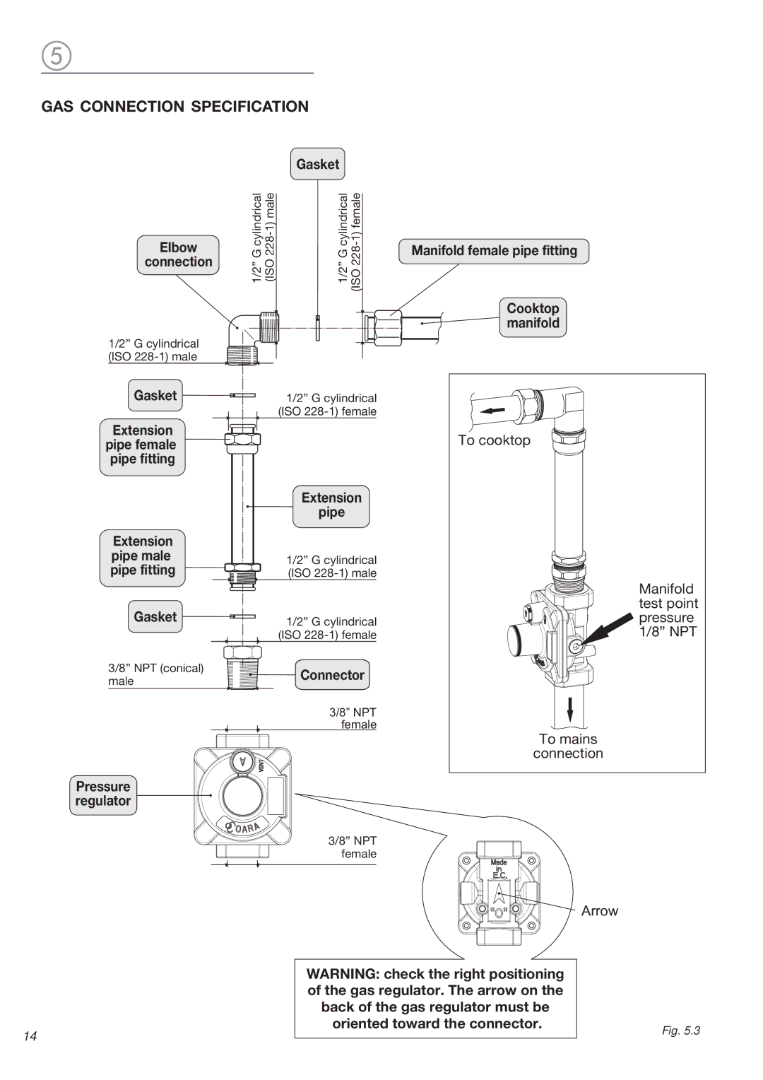 Verona VEGCT424F warranty GAS Connection Specification, Gasket 