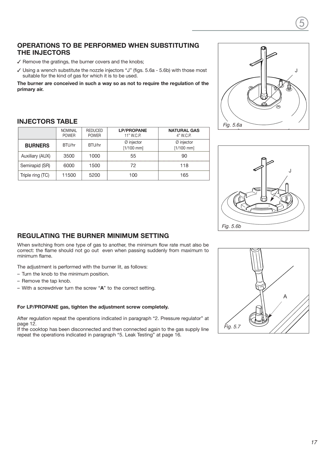 Verona VEGCT424F warranty Operations to be Performed When Substituting the Injectors, Injectors Table 