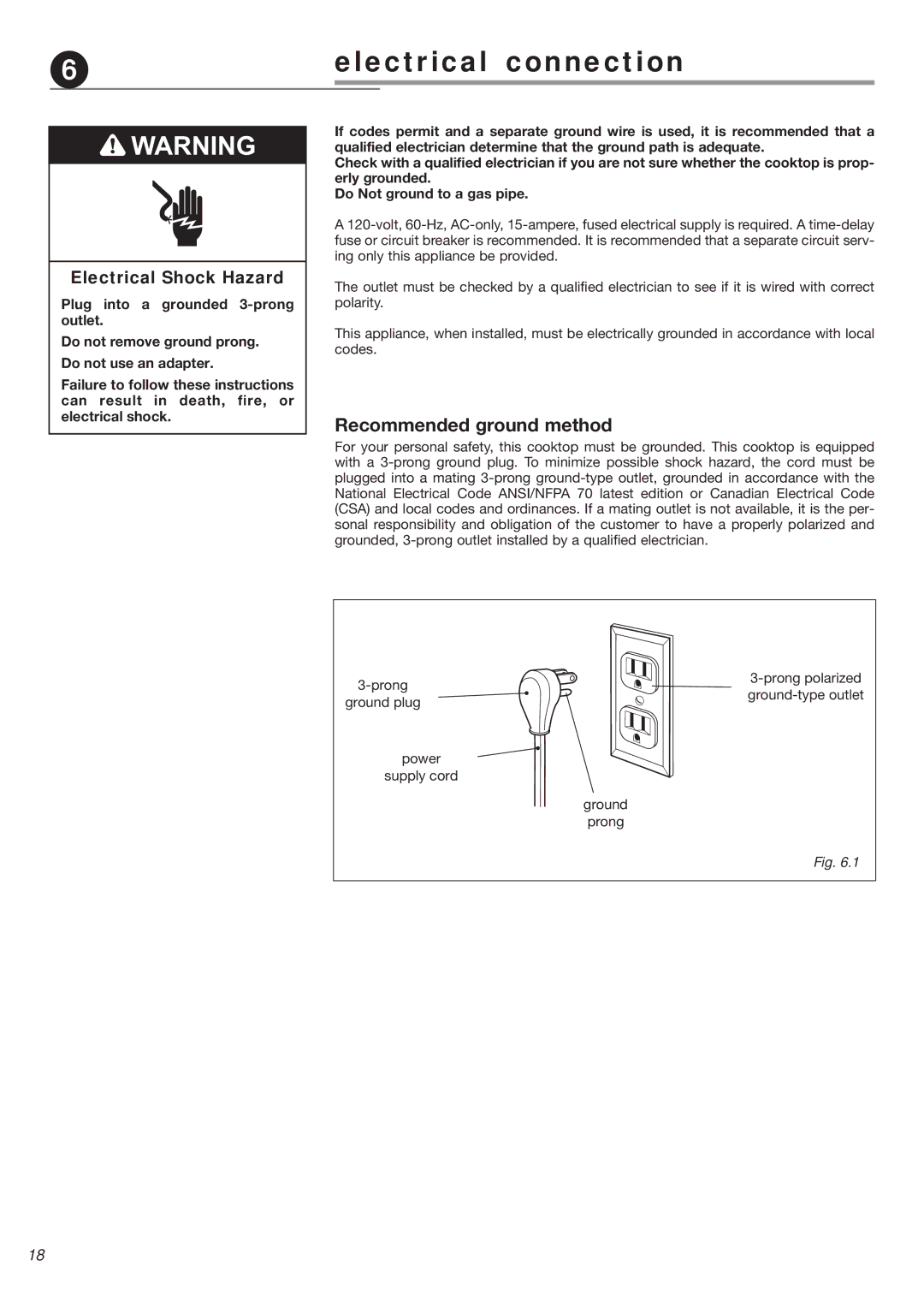 Verona VEGCT424F warranty Electrical connection, Recommended ground method 