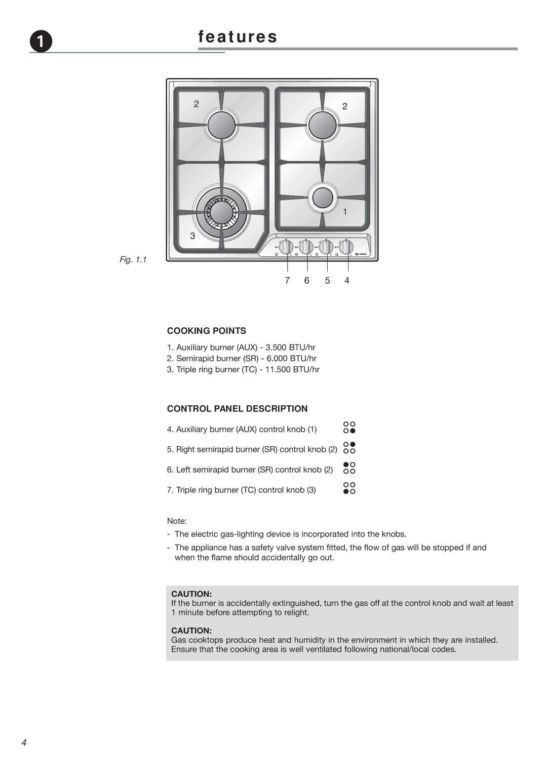 Verona VEGCT424F warranty Features, Cooking Points 