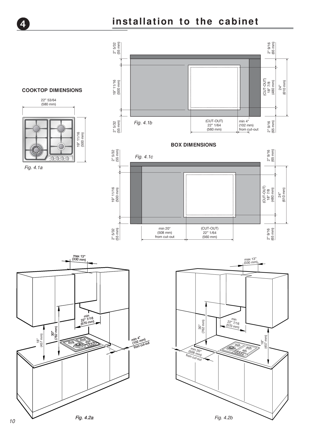 Verona VEGCT424F warranty installation to the cabinet, Cooktop Dimensions, Box Dimensions, 1b, 1a, 1c, 2a, 2b 