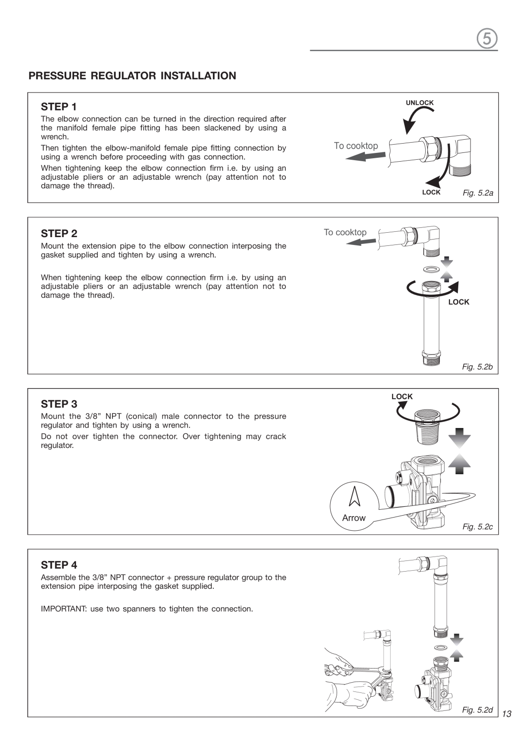 Verona VEGCT424F warranty Pressure Regulator Installation, Step, To cooktop, Arrow, 2b, 2c, 2d 