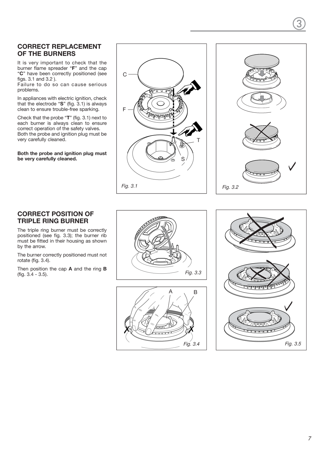 Verona VEGCT424F warranty Correct Replacement Of The Burners, Correct Position Of Triple Ring Burner 