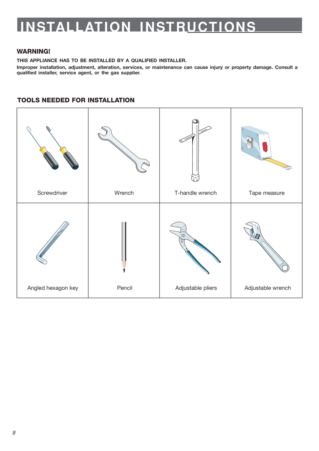 Verona VEGCT424F Installation Instructions, Tools Needed For Installation, Screwdriver, Wrench, T-handle wrench, Pencil 