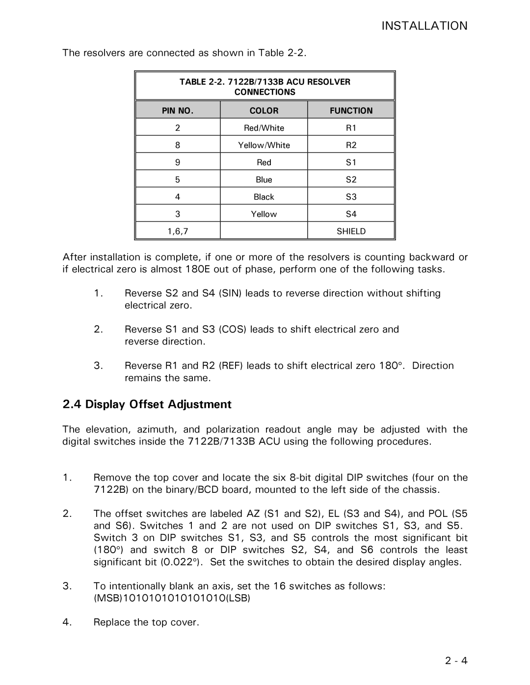 Vertex Standard 7122B, 7133B manual Display Offset Adjustment, Resolvers are connected as shown in Table 