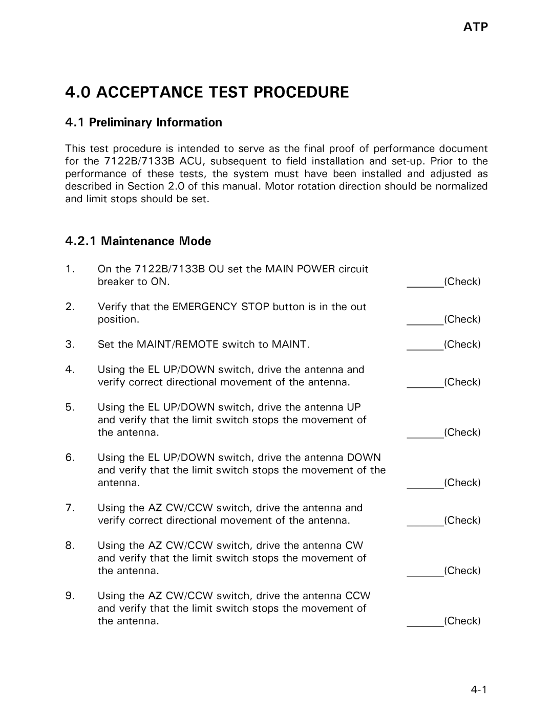 Vertex Standard 7133B, 7122B manual Acceptance Test Procedure, Preliminary Information, Maintenance Mode 