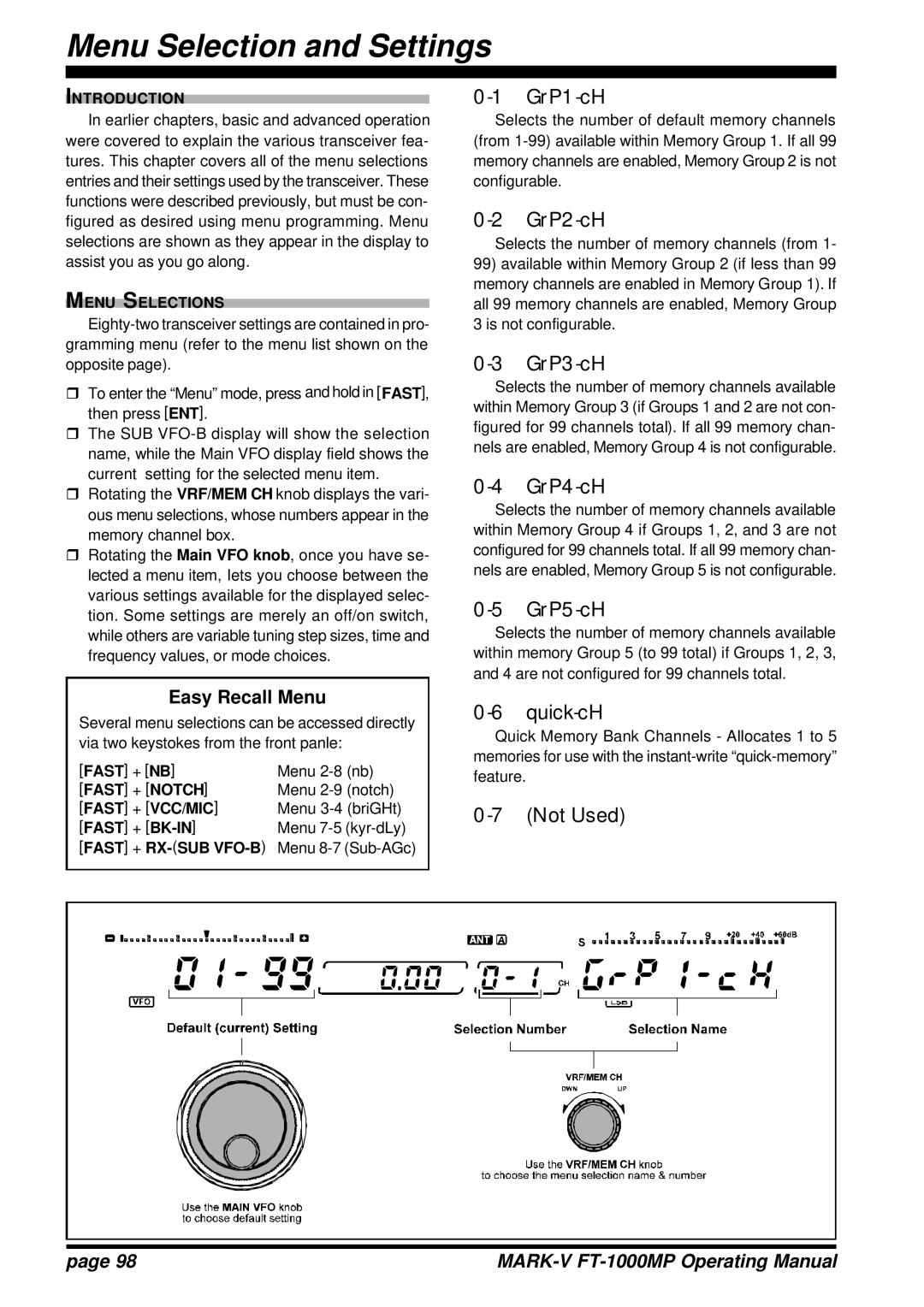 Vertex Standard FT-1000MP manual GrP1-cH, GrP2-cH, GrP3-cH, GrP4-cH, GrP5-cH, Quick-cH, Not Used 