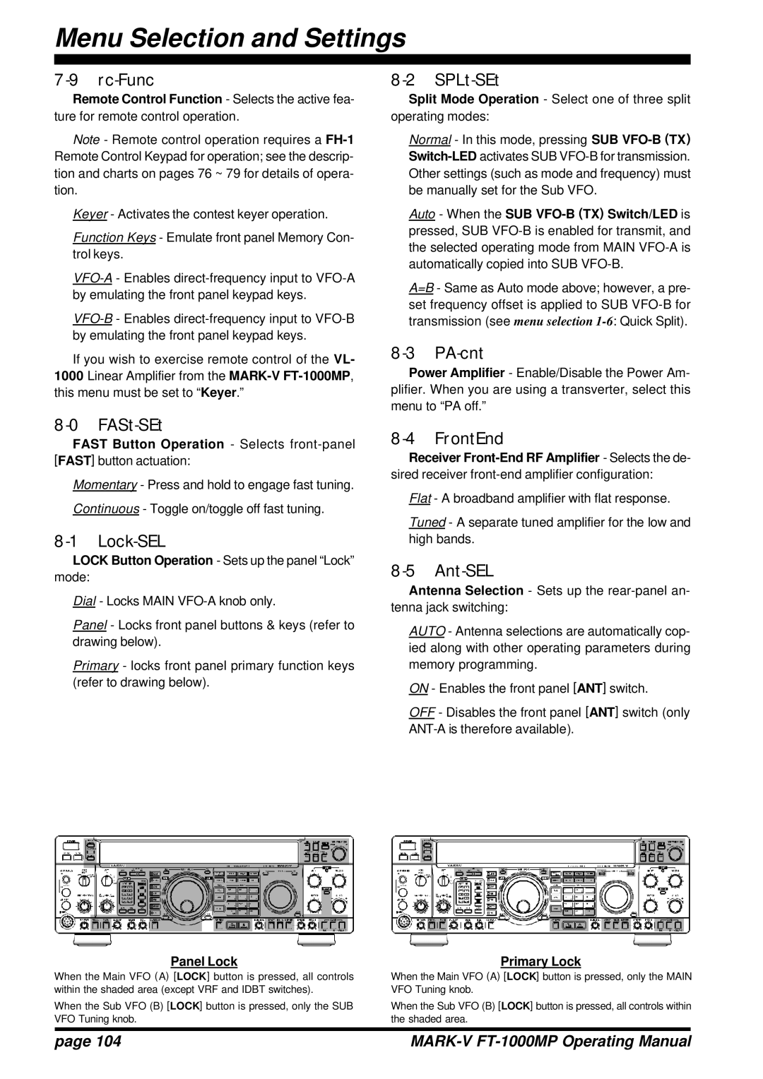 Vertex Standard FT-1000MP manual Rc-Func, FASt-SEt, Lock-SEL, PA-cnt, FrontEnd, Ant-SEL 