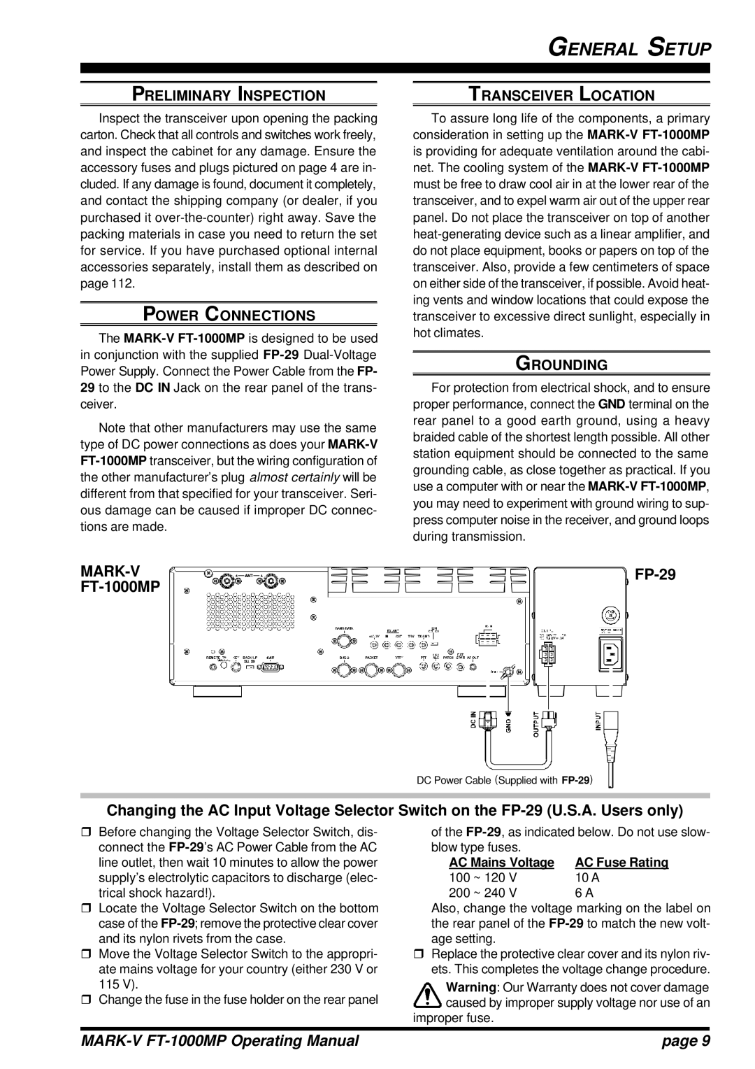 Vertex Standard FT-1000MP manual General Setup, FP-29, Preliminary Inspection, Transceiver Location, Grounding 