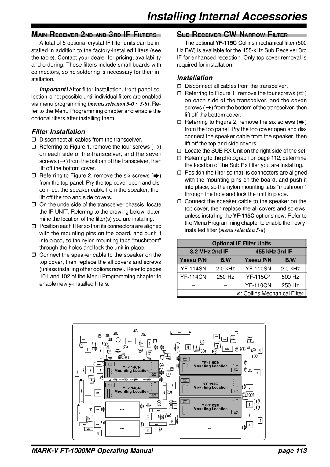 Vertex Standard FT-1000MP manual Filter Installation, Main Receiver 2ND and 3RD if Filters, SUB Receiver CW Narrow Filter 