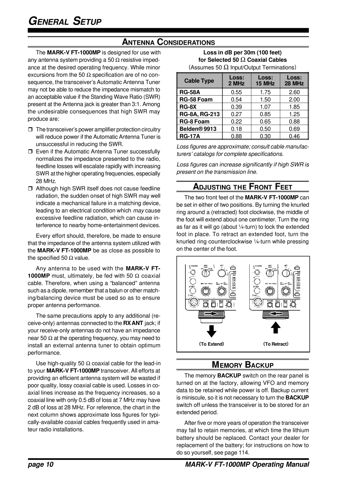 Vertex Standard FT-1000MP manual Antenna Considerations, Adjusting the Front Feet, Memory Backup, RG-8X 