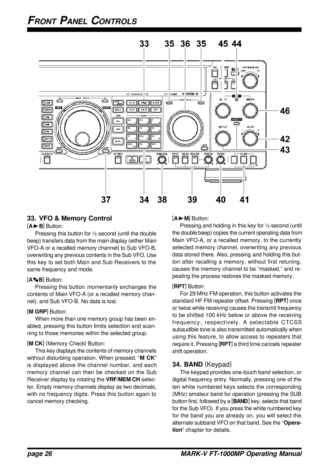 Vertex Standard FT-1000MP manual VFO & Memory Control, Band Keypad 