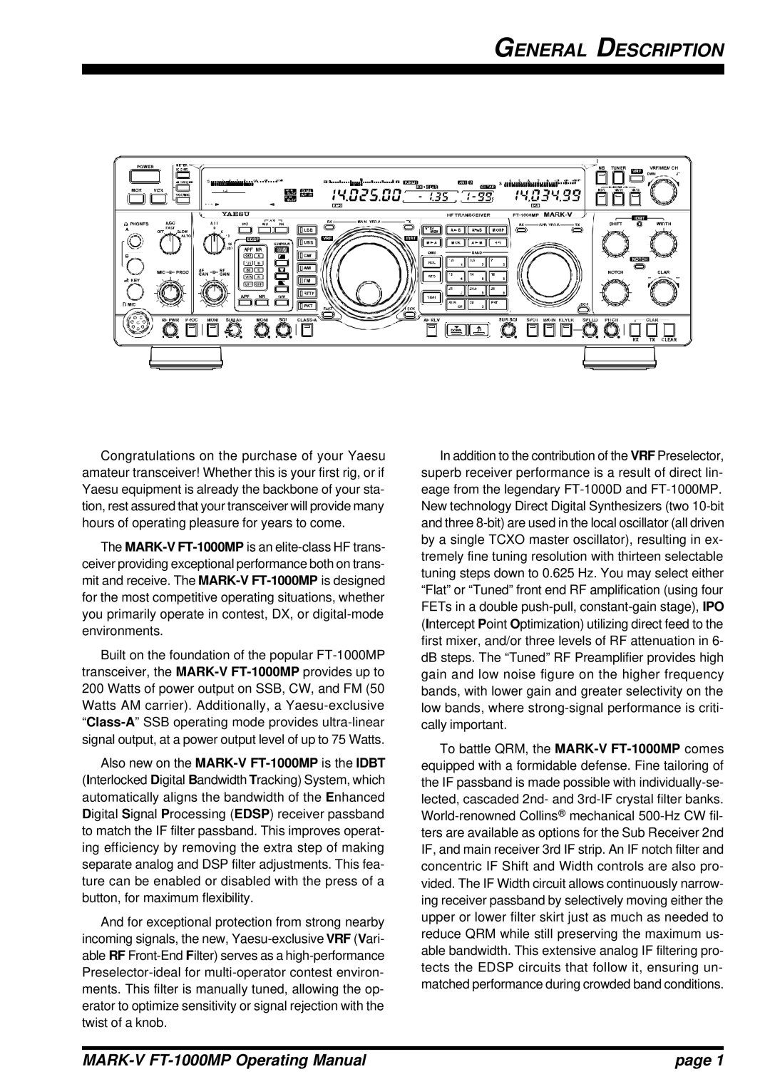 Vertex Standard manual General Description, MARK-V FT-1000MP Operating Manual 