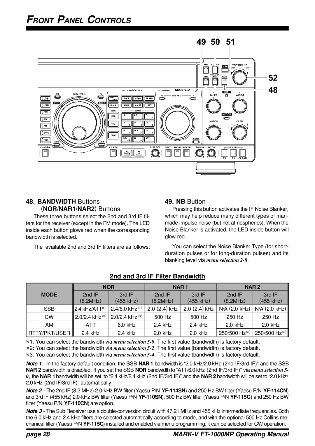 Vertex Standard FT-1000MP manual Bandwidth Buttons NOR/NAR1/NAR2 Buttons, NB Button, 2nd and 3rd if Filter Bandwidth 