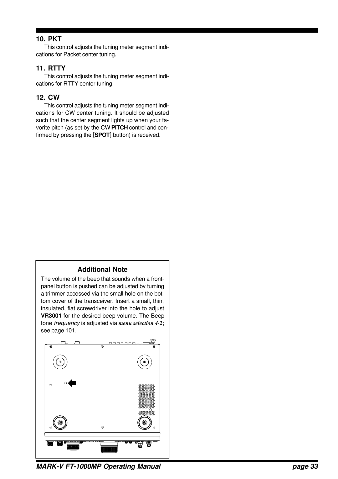 Vertex Standard FT-1000MP manual Pkt, Rtty, 12. CW, Additional Note 