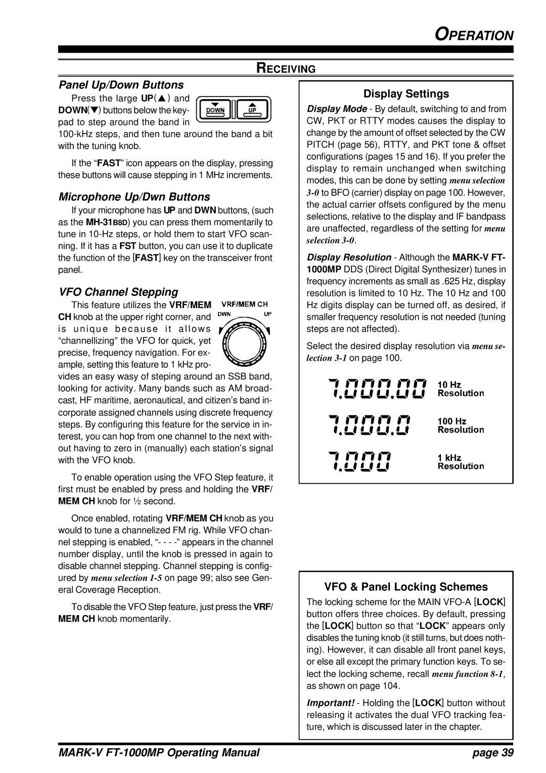 Vertex Standard FT-1000MP manual Panel Up/Down Buttons, Microphone Up/Dwn Buttons, VFO Channel Stepping, Display Settings 