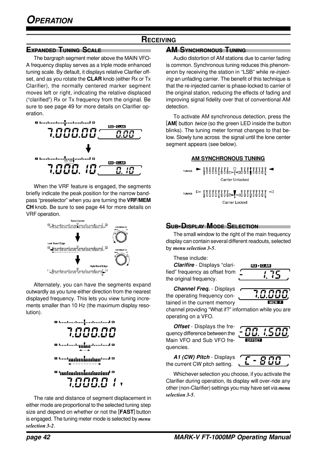 Vertex Standard FT-1000MP manual Expanded Tuning Scale, AM Synchronous Tuning SUB-DISPLAY Mode Selection 