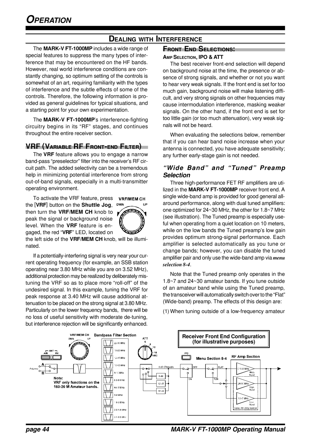 Vertex Standard FT-1000MP manual Wide Band and Tuned Preamp Selection, Dealing with Interference 