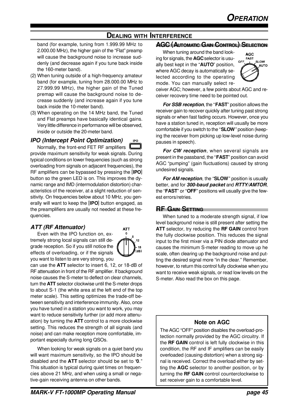 Vertex Standard FT-1000MP manual IPO Intercept Point Optimization, AGC Automatic Gain Control Selection, RF Gain Setting 