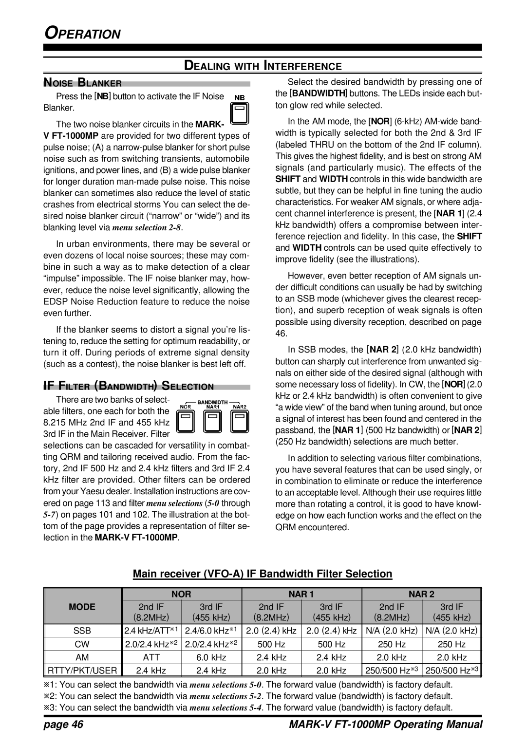 Vertex Standard FT-1000MP manual Main receiver VFO-A if Bandwidth Filter Selection, Noise Blanker 