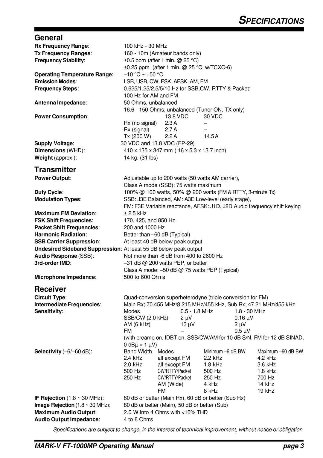 Vertex Standard FT-1000MP manual Specifications, General, Transmitter, Receiver 