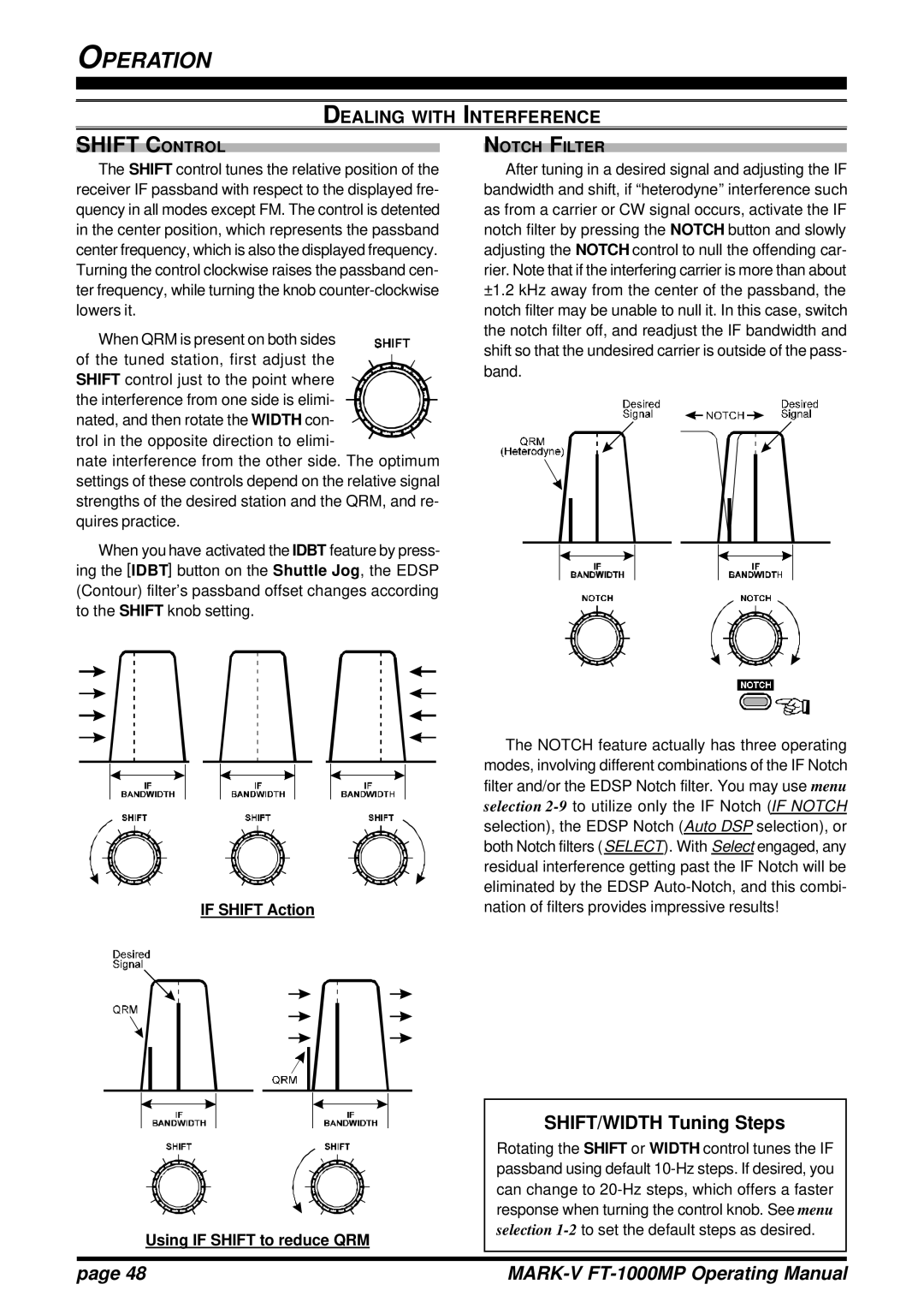 Vertex Standard FT-1000MP manual SHIFT/WIDTH Tuning Steps, If Shift Action, Notch Filter, Using if Shift to reduce QRM 