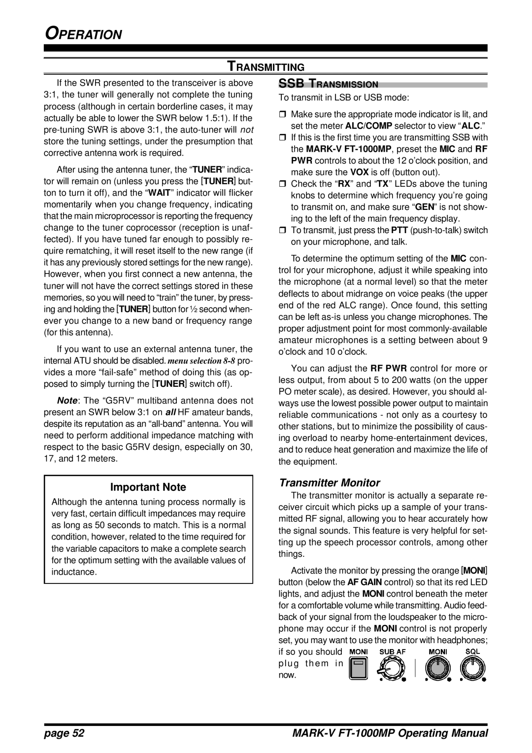 Vertex Standard FT-1000MP manual Important Note, Transmitter Monitor, SSB Transmission 