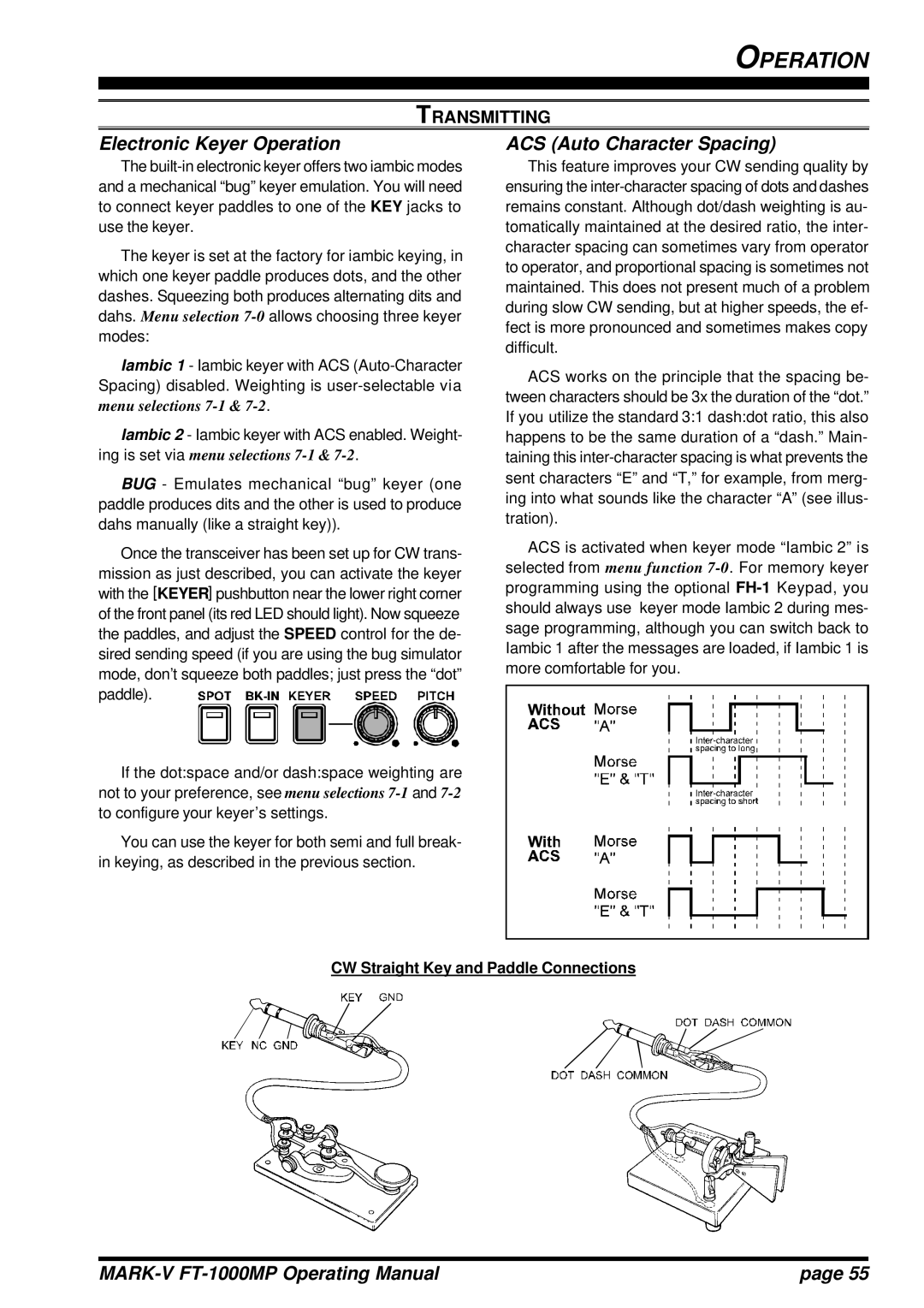 Vertex Standard FT-1000MP Electronic Keyer Operation, ACS Auto Character Spacing, CW Straight Key and Paddle Connections 