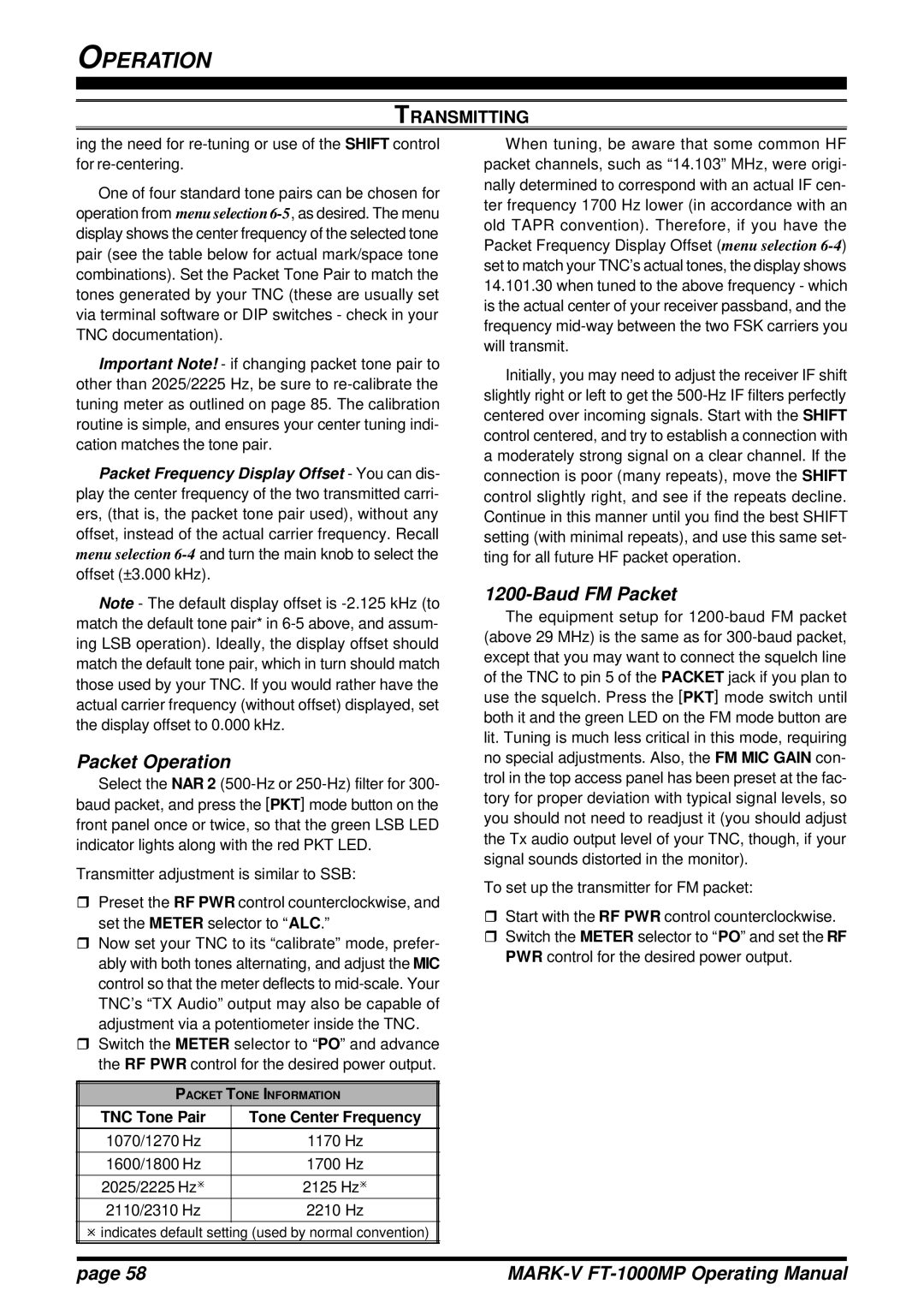 Vertex Standard FT-1000MP manual Packet Operation, Baud FM Packet, TNC Tone Pair Tone Center Frequency 