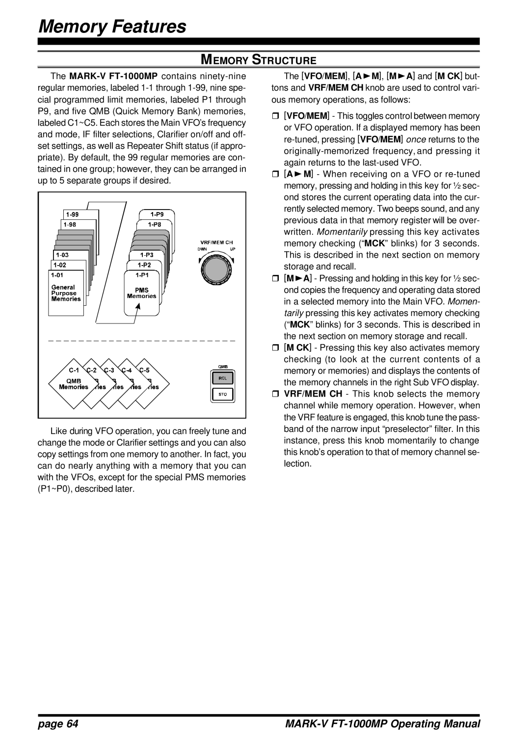 Vertex Standard FT-1000MP manual Memory Features, Memory Structure 