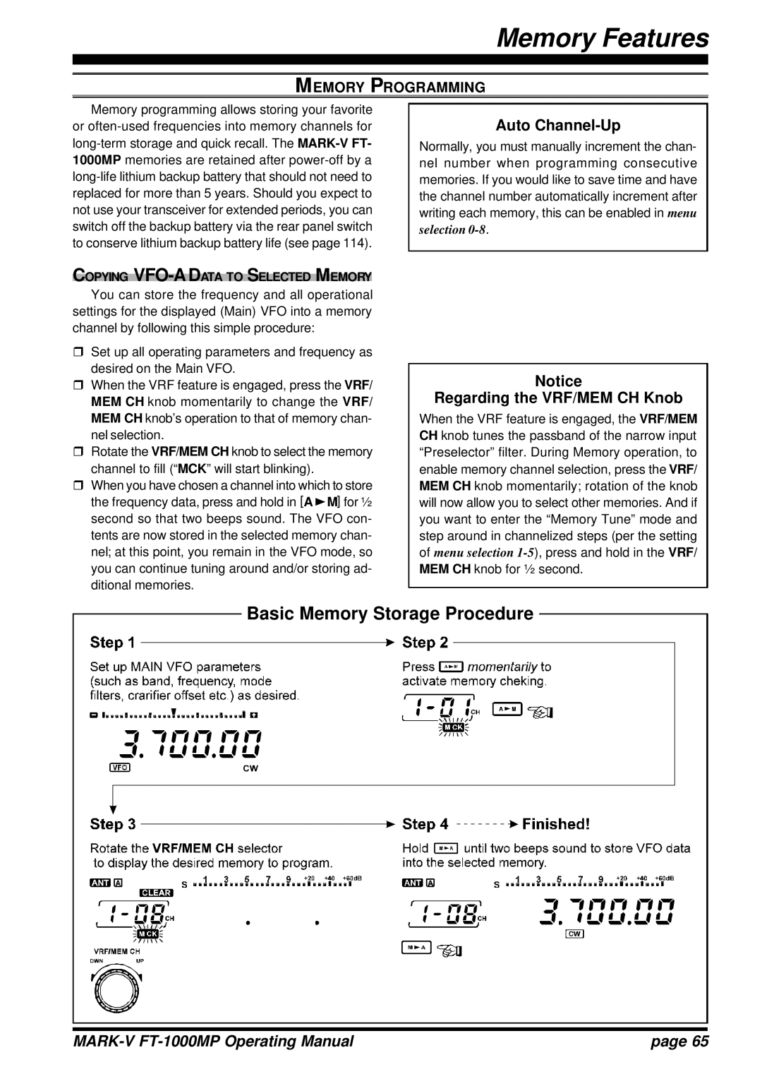 Vertex Standard FT-1000MP manual Basic Memory Storage Procedure, Auto Channel-Up, Regarding the VRF/MEM CH Knob 