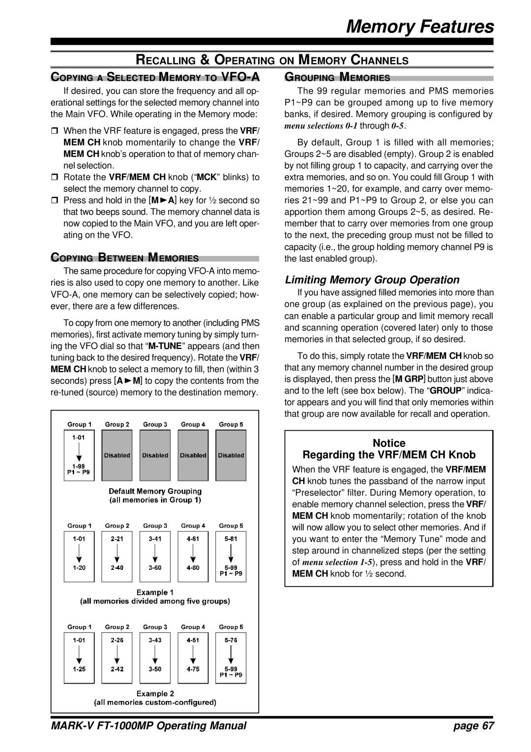 Vertex Standard FT-1000MP manual Limiting Memory Group Operation, Copying a Selected Memory to VFO-A Grouping Memories 