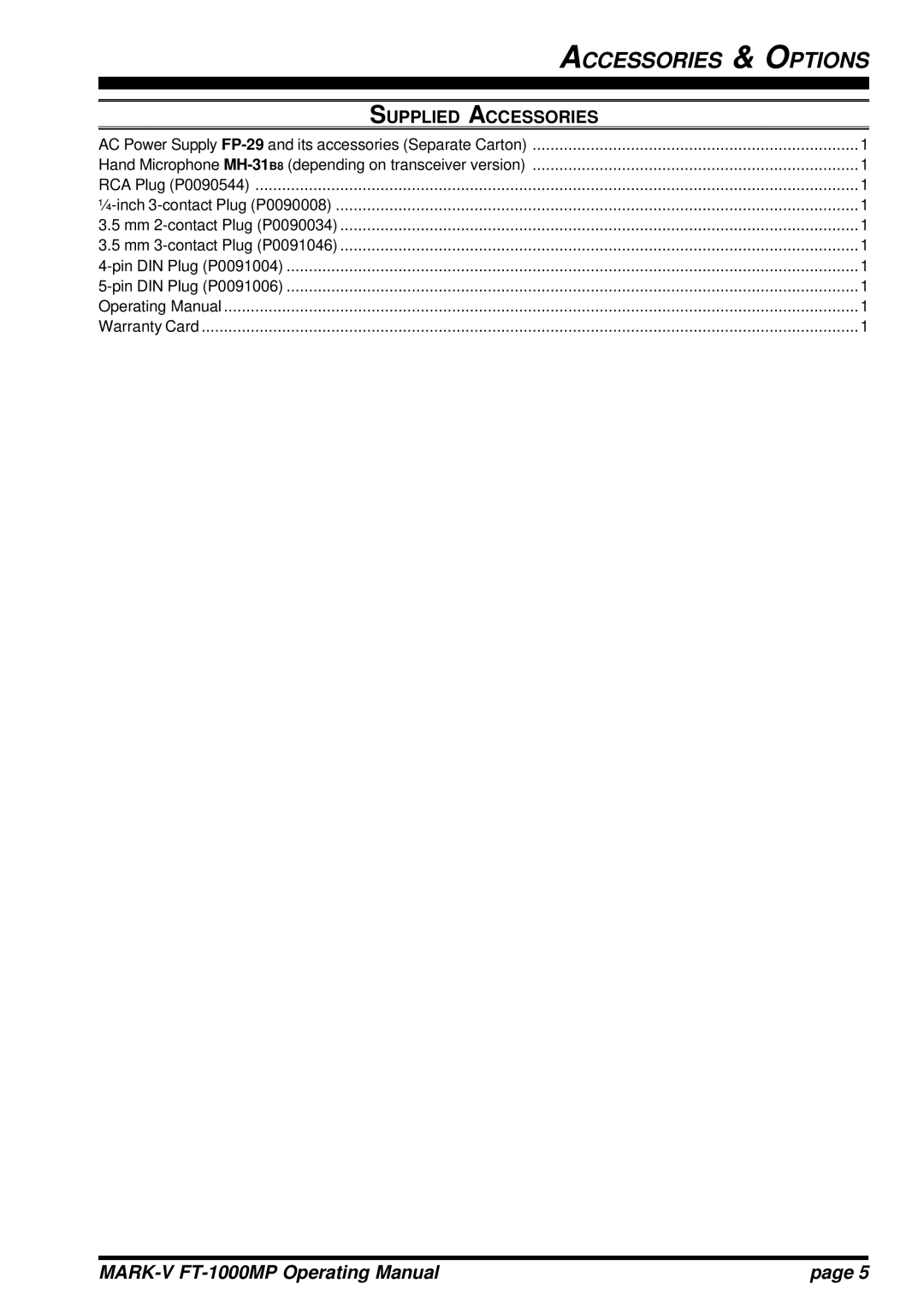 Vertex Standard FT-1000MP manual Accessories & Options, Supplied Accessories 